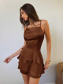 Aloruh Đầm slip màu cà phê trơn mới dành cho nữ, kèm khăn choàng có thể tháo rời, kiểu dáng gợi cảm, dễ thương, cổ điển, lãng mạn, thích hợp cho buổi hẹn hò. - Cà phê - Xem 3
