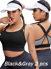 Velisys Plus Size Contrast Binding Crisscross Back Sports Bra,Sewn-In Non-Removable Pads Women High Support Racerback,Black Summer Athletic Curve Gym Workout - Multicolor - View 1