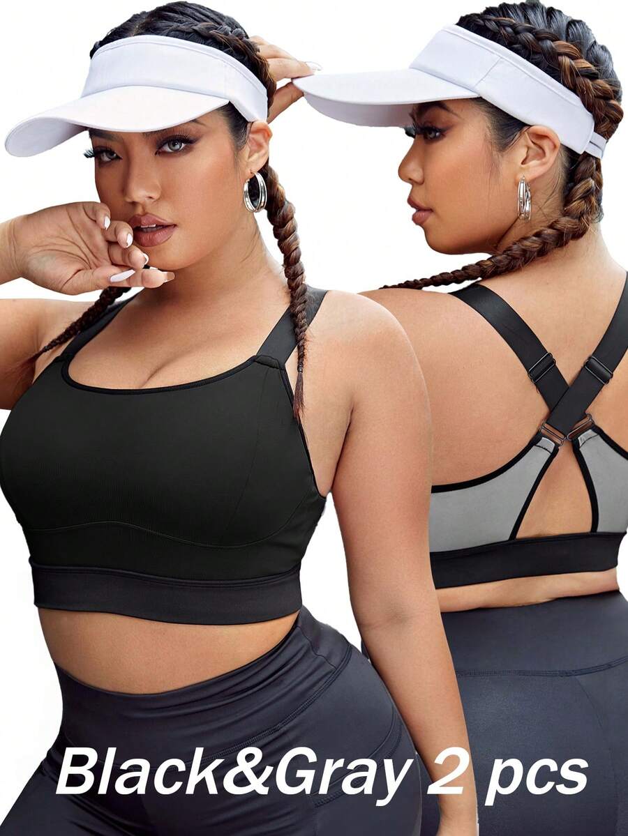Velisys Plus Size Contrast Binding Crisscross Back Sports Bra,Sewn-In Non-Removable Pads Women High Support Racerback,Black Summer Athletic Curve Gym Workout - Multicolor - View 1