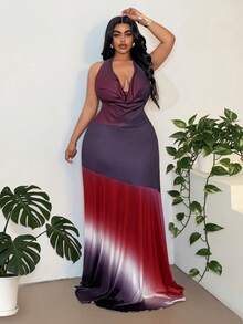 Maweii Retro Elegant Ombre Halter Backless Dress - Multicolor - View 1