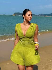 Sunnyshic Bộ jumpsuit gợi cảm cổ chữ V sâu, eo thắt dành cho nữ cỡ lớn, thích hợp cho mùa hè. - màu xanh lá - Xem 3