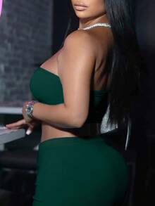 Slouenne Slouenne 2pcs/Set Women Crop Top Tube Top And Mini Skirt Set, Summer - Dark Green - View 2