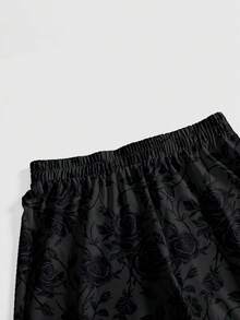 ROMWE Celana Panjang Wanita Gaya Gothic Dark Punk dengan Motif Bunga Mawar dan Kaki Lebar yang Elegan - Hitam - View 4