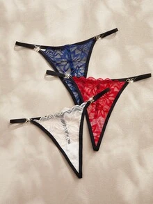 Charlaine 3 piezas Elegante y sexy ropa interior de mujer tipo tanga con encaje floral bicolor, con decoración de hebilla metálica en el lateral - Multicolor - Ver 5