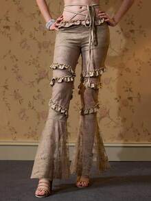 ROMWE Avant Quần ống loe cạp siêu thấp, gợi cảm, ren xếp nếp, buộc dây. - Màu Khaki - Xem 7