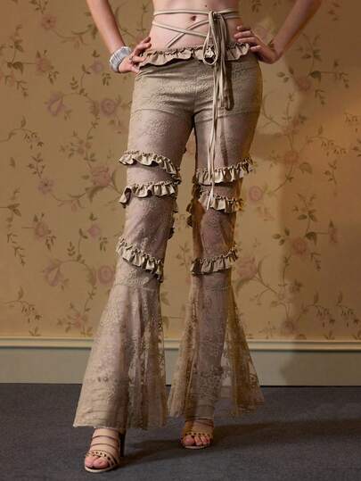 ROMWE Avant Ultra Low-Rise Sexy Lace Ruffle Tie-Up Flare Leg Pants