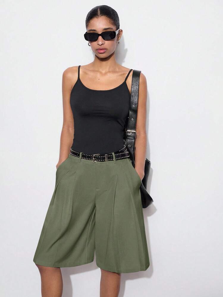 SHEIN Maija Casual Army Green Skort Capris For Women Woven Fabric Plain Design With Zipper