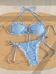 Bonvoyette 女士夏季沙滩格子荷叶边性感比基尼套装 - 藍色 - 查看 5