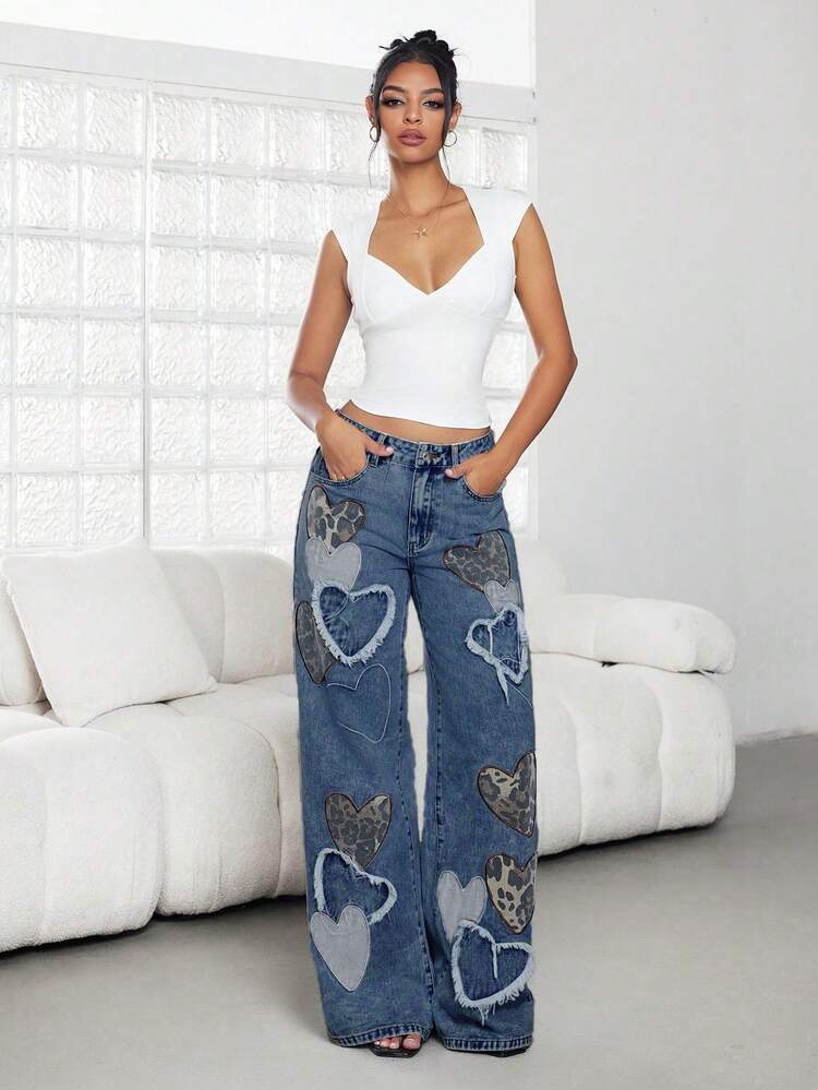 Jeanoix Women's Low-Rise Heart Embroidered Print Straight Loose