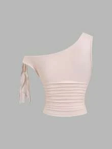 Sweetra 复古时尚美式印花设计优雅不对称肩部系带腰身修身夏季海滩度假性感女式上衣 - 彩色 - 查看 2