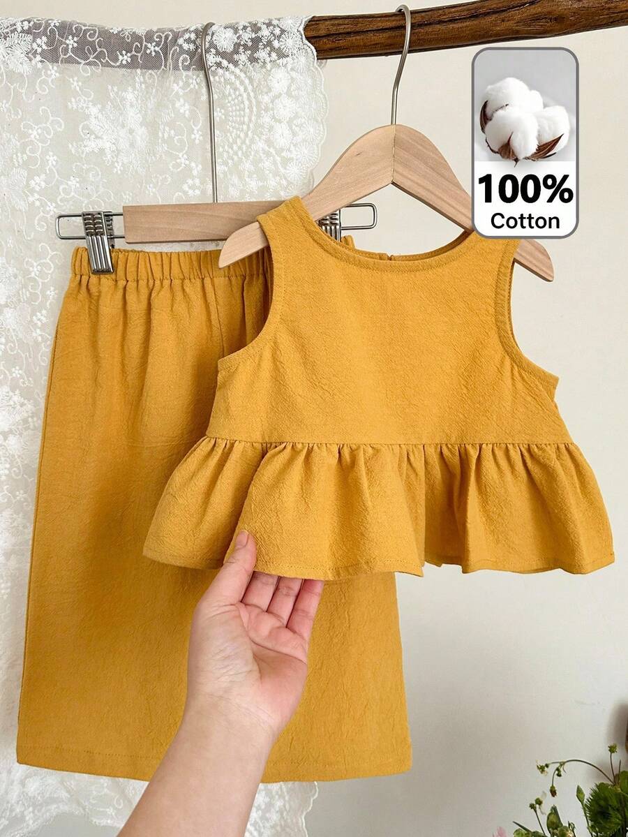 LMoss Kids Baby Girl Summer Casual Solid Color Ruffle Hem Top And Pants Set - Yellow - View 1