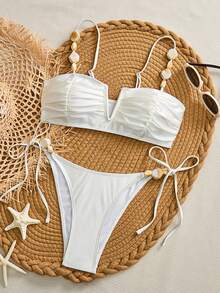 Swim Chiccia 女士夏季新款沙滩装优雅度假休闲简约精致串珠装饰吊带V领比基尼套装，亮面面料两件式比基尼，性感系带三角泳裤，适合度假、海滩、游泳 - 白色 - 查看 5