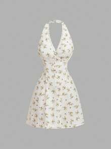 SHEIN MOD 纽扣装饰V领迷你碎花连衣裙 - 彩色 - 查看 4