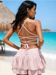 SHEIN Glamour Pink Floral Summer Boho Vacation Holiday Women's Glitter Halter V-Neck Backless Sleeveless Asymmetrical Mini Skirt 2 Pieces Set,Music Festival - Pink - View 2