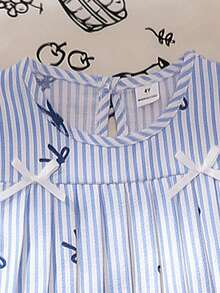 女童休闲条纹蝴蝶结印花褶皱无袖上衣搭配宽松直筒裤套装，春夏活力日常穿搭 - 藍色 - 查看 3