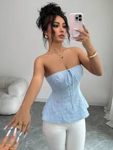 SHEIN Elenzya Top de mujer con escote bandeau, cintura con lazo y silueta evasé, de tela texturizada, para primavera/verano - Celeste - Ver 11