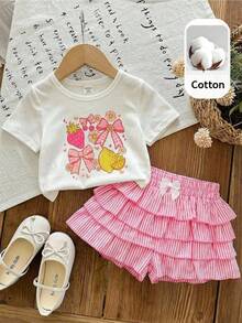 LMoss Kids Conjunto de 2 peças para bebê menina: camiseta de gola redonda em tricô liso e shorts listrados com babados na barra. - Multicolorido - Ver 6