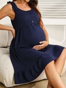 GentleRue Maternity 舒适纯色无袖短款哺乳连衣裙，适合孕期穿着，哺乳友好型连衣裙，妈妈连衣裙，产后连衣裙，荷叶边袖连衣裙，纽扣连衣裙，产后女士连衣裙，纽扣连衣裙，荷叶边吊带连衣裙，女士无袖连衣裙，女士连体连衣裙 - 藏蓝色 - 查看 7