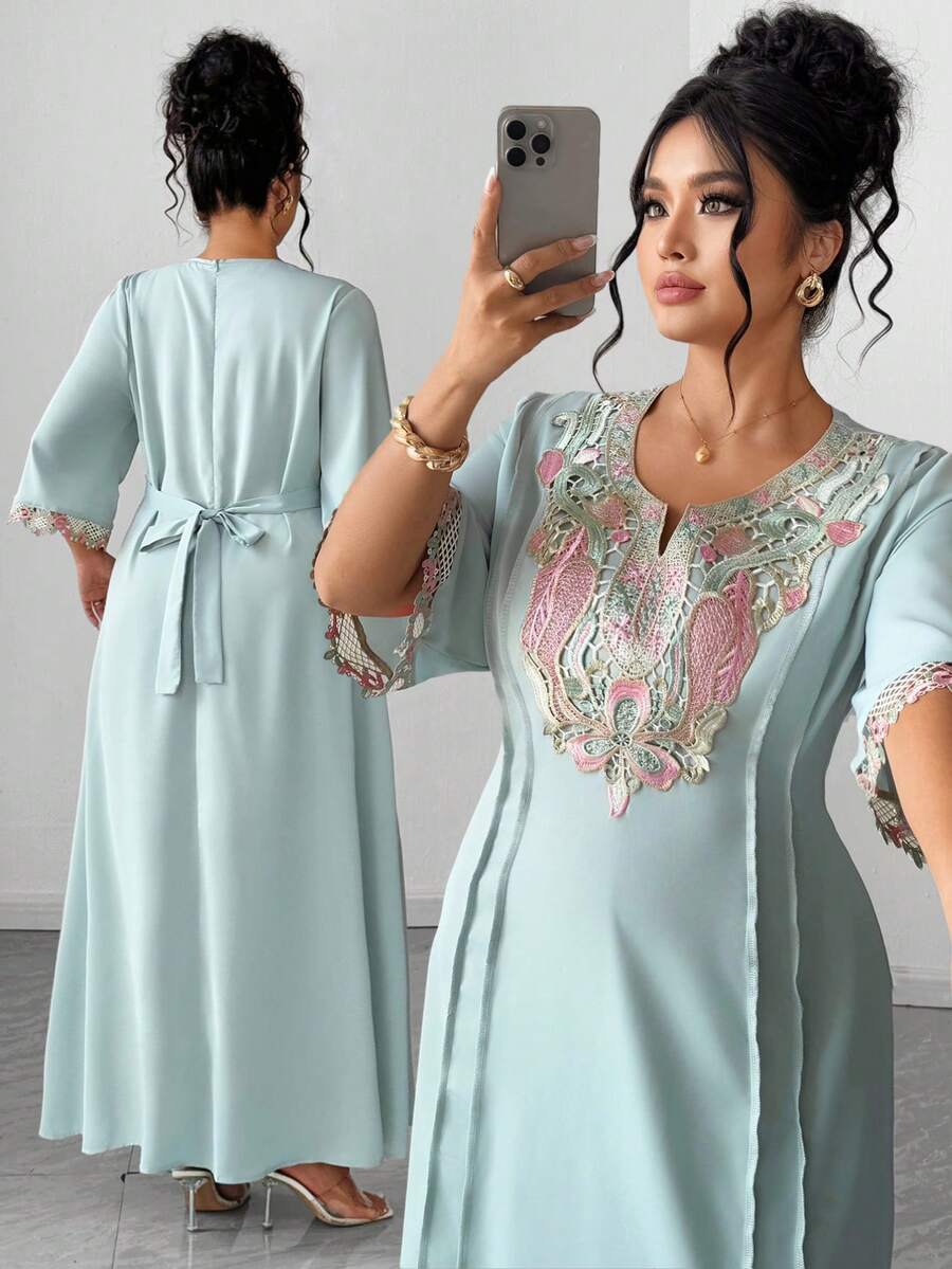Elenzga 大尺碼女款夏季端莊淺藍色長洋裝，刺繡中東風V領收腰A字正式禮服，3/4袖 - 青碧色 - 查看 1