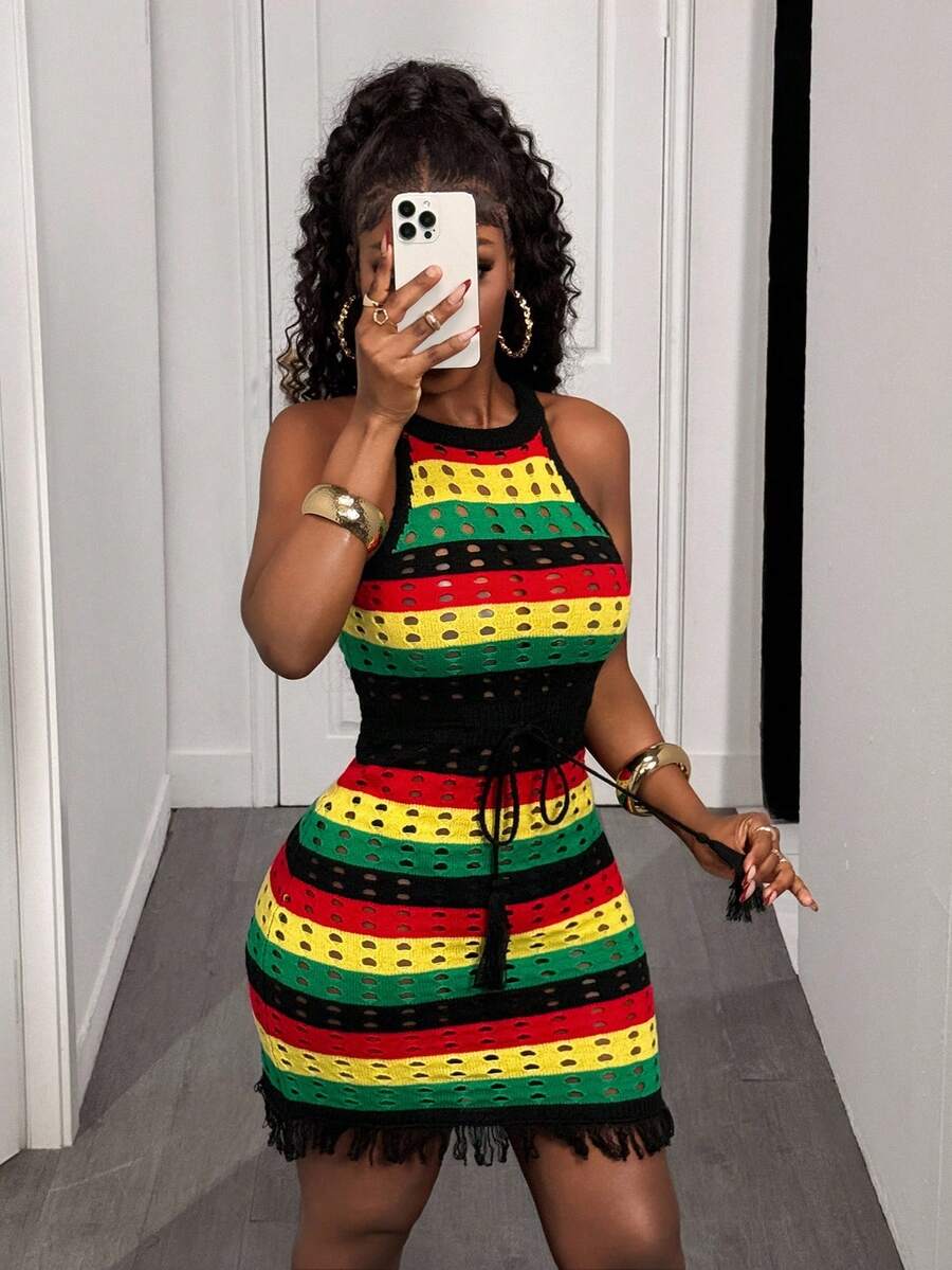 BamGleam 女士彩色镂空露背系带度假休闲轻质针织连衣裙 - 彩色 - 查看 1