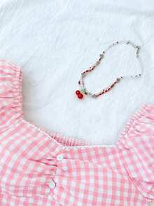 SHEIN Tween Girls' Casual Minimalist Comfortable Plaid Back Strap Shirt - Pink - View 3