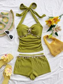 Soleia Women's Halter Backless Sleeveless Ruched Textured Fabric 2 Pieces Set, Summer - Green - View 3