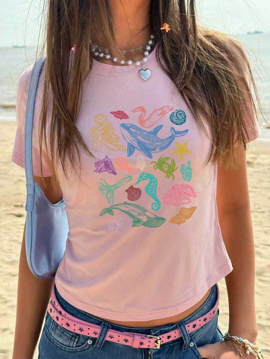INAWLY Y2K 夏季假期海洋生物撞色印花女式T恤图案上衣 - 粉色 - 查看 1