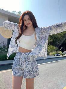 DAZY 女士印花连帽长袖衬衫和短裤两件套休闲套装，波西米亚风家居服，女士短款套装，女士度假装 - 藍色 - 查看 3