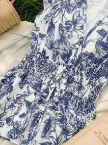 Franclia Blue & White Floral Print V-Neck Ruffle Short Cap Sleeve Women Blouse - Blue - View 3