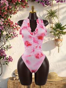 SaltGleam Pink Tie Dye Sexy Backless Halter Bodysuit For Beach Vacation - Pink - View 3