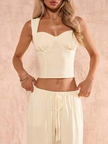 SHEIN Glamour Bộ đồ nữ thanh lịch, gợi cảm gồm áo hai dây màu vàng nhạt và chân váy xếp tầng lãng mạn, thích hợp cho kỳ nghỉ, dạo phố, hẹn hò và du lịch. - Màu be - Xem 7