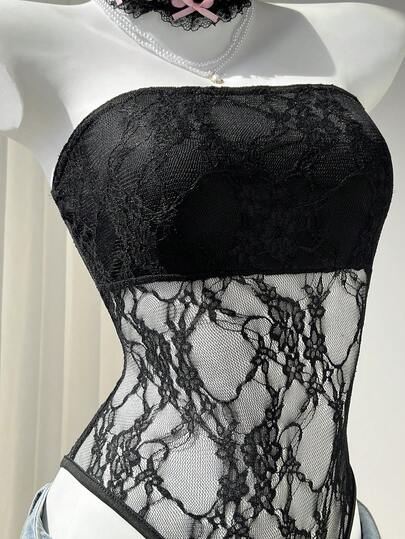 Elamini Bộ đồ liền thân ren đen xuyên thấu hở lưng, dáng ôm sát, thanh lịch gợi cảm, thích hợp mặc đi biển hoặc mặc hàng ngày.