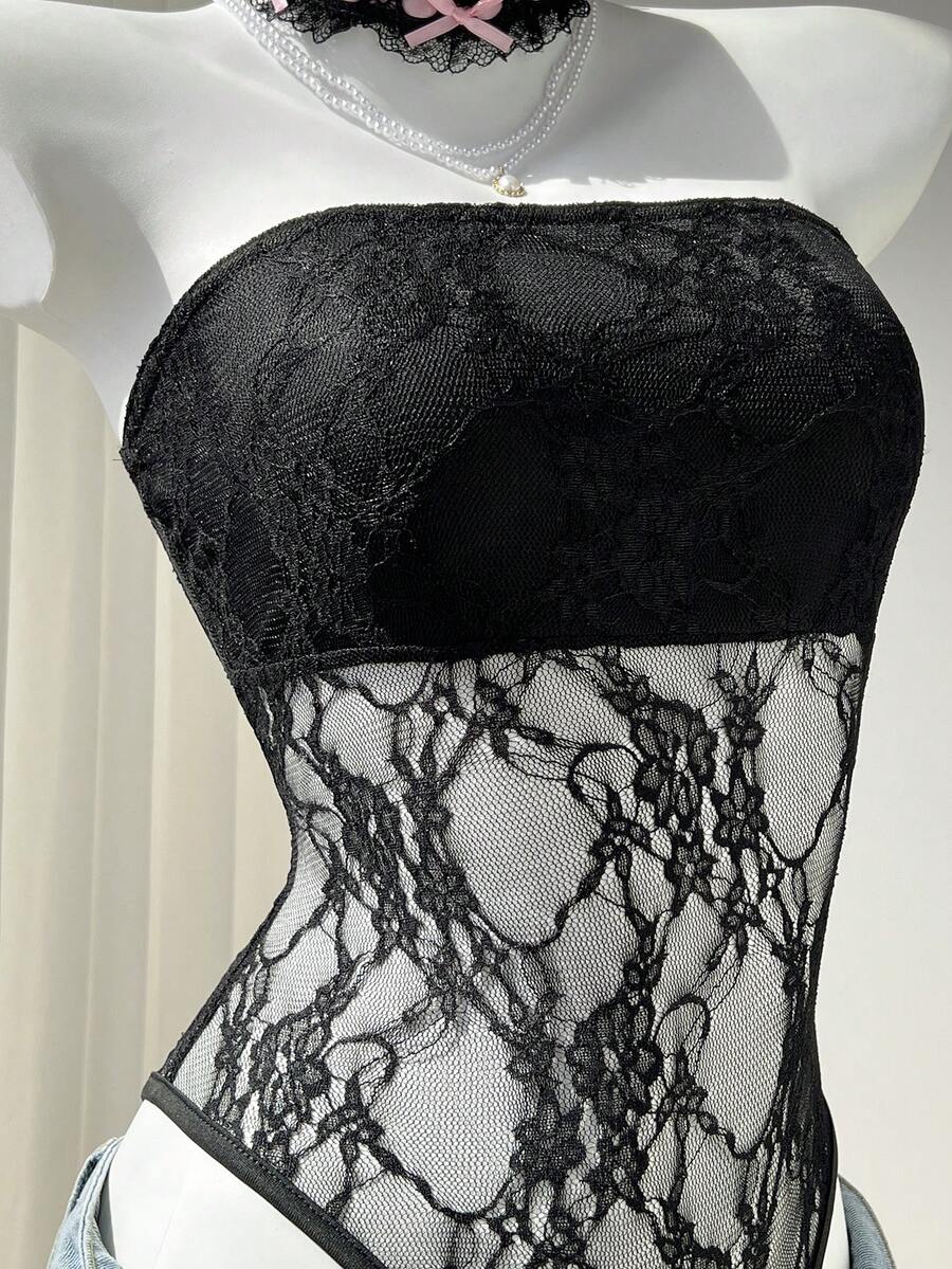 Elamini 黑色蕾丝透视露背连体衣，修身剪裁，优雅性感派对装，复古时尚，适合海滩和日常穿着。 - 黑色 - 查看 1