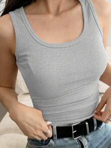 DAZY Women's Solid Color Crew Neck Fitted Camisole, Versatile For Summer - Grey - View 3