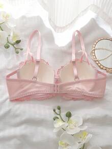 1件套薄纱刺绣网纱吊带睡裙套装，带衬垫罩杯和钢圈，夏季度假睡衣，粉色 - 粉色 - 查看 2