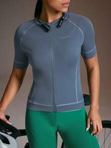 Powerista Women's Letter Print Raglan Short Sleeve Cycling Jersey - Blue - View 1