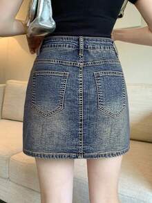 FRIFUL 女士休闲百搭牛仔裙，带斜插口袋和内衬 - 藍色 - 查看 2