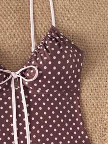 Swim Mod Women's Spaghetti Strap Polka Dot Bow Decor Jumpsuit, Fashionable Summer Outfit Swimming Vacation Swim - Multicolor - View 5