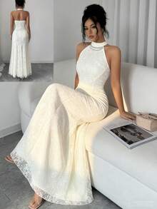 Elenzga Đầm chữ A không tay, ren, thanh lịch, lãng mạn, ôm sát, thích hợp cho các bữa tiệc, họp mặt, du lịch quê, đám cưới. - Màu be - Xem 1