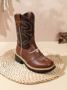 Bota Vaquera De Piel Para Niño  Estilo Rodeo Bordada - Marrón - Ver 4