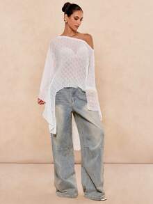 Lumalex 女士纯色不对称肩部休闲沙滩罩衫 - 白色 - 查看 11