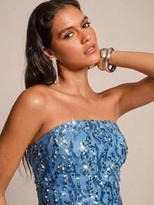 Glamine 女士亮片拼接纯色无肩带迷你连衣裙 - 淺藍色 - 查看 4