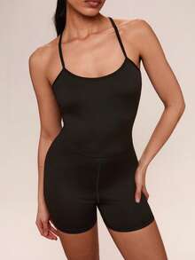 SHEIN BAE Solid Color Racerback Fitted Romper - Black - View 2