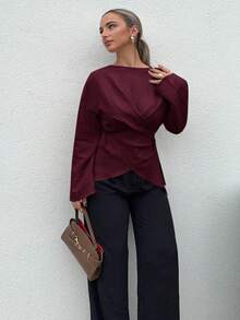 Jeta Ari Women's Casual Commuter Solid Color Cross-Wrap Shirt,Red Top Winter Christmas New Year Burgundy Spring Valentine's Day - Burgundy - View 5