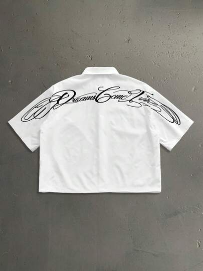 StoneGrade Camisa blanca suelta de hombros caídos con estampado de letras, casual y de moda para uso diario y viajes, verano