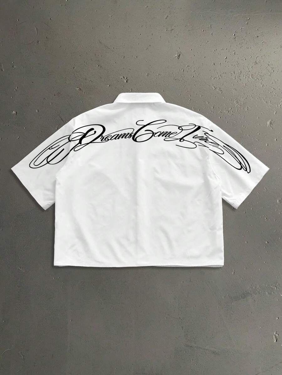 StoneGrade Áo sơ mi nam màu trắng dáng rộng, in chữ, vai rớt, phong cách thường ngày, thời trang đường phố, thích hợp đi làm, mùa hè. - trắng - Xem 1