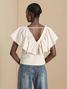 Vesra Women's Printed V-Neck Ruffle Hem Blouse - Apricot - View 2