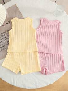 Souflis Souflis 4pcs/Set Infant Toddler Unisex Basic Heart Pattern Sleeveless T-Shirt Set, Knit Fabric, Pink & White, 0-3 Years Old - Multicolor - View 2