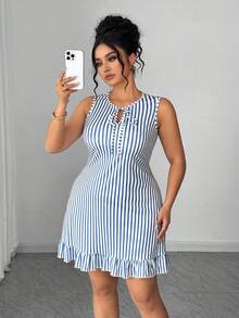 Elenzga 优雅女士蓝白条纹印花圆领无袖修身连衣裙，适合日常休闲穿着、购物、海滩度假，舒适的夏季连衣裙 - 藍白色 - 查看 7