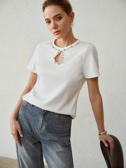 MOTF PREMIUM 新款夏季水钻镂空圆领短袖T恤，修身休闲上衣，白色内搭